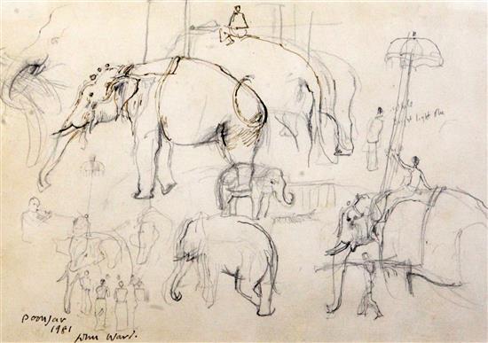 John Ward (1917-2007) Temple elephants, Poonjar, Kerala 6 x 9in.